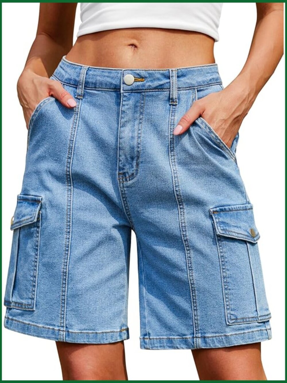 Knee Length Cargo Denim Shorts Elastic Waist 6 Pockets